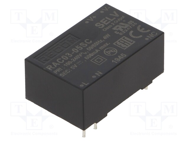 Converter: AC/DC; 3W; Uout: 5VDC; Iout: 600mA; 72%; Mounting: PCB