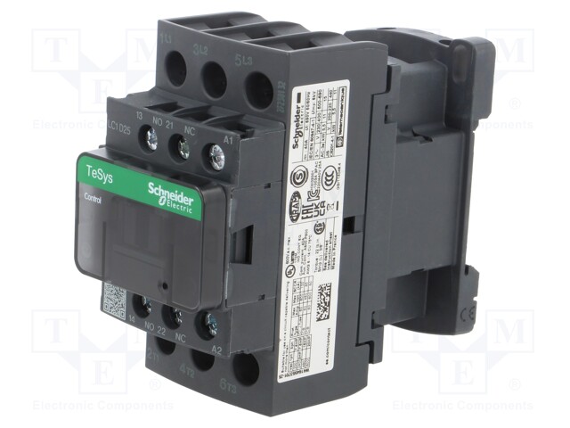 Contactor, TeSys D Series, 25 A, DIN Rail, 690 VAC, 3PST-NO, 3 Pole, 20 hp