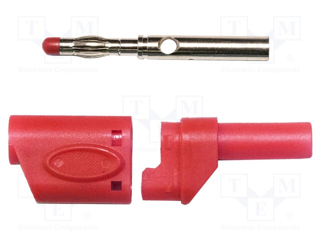 Banana Test Connector, Stackable 4mm, Plug, Cable Mount, 20 A, 1 kV, Nickel Plated Contacts, Red