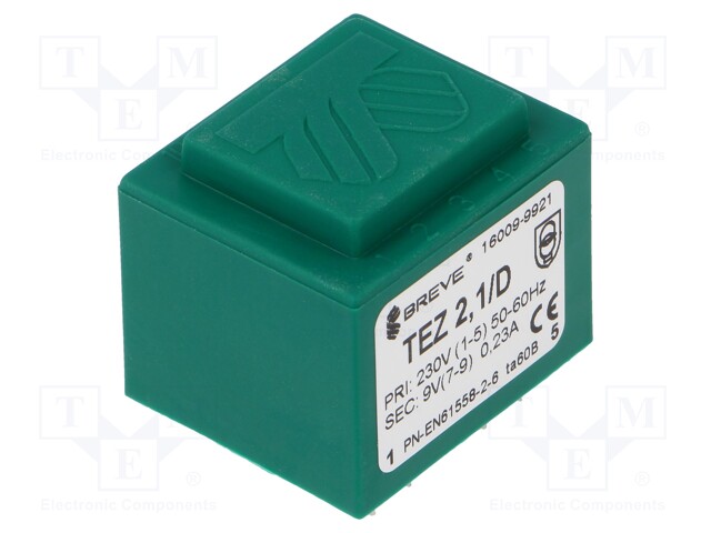 Transformer: encapsulated; 2.1VA; 230VAC; 9V; 233mA; Mounting: PCB
