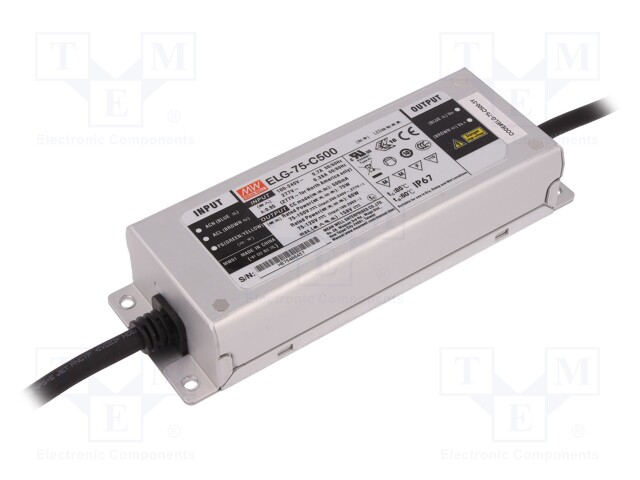 Power supply: switched-mode; LED; 75W; 75÷150VDC; 500mA; IP67; 800g