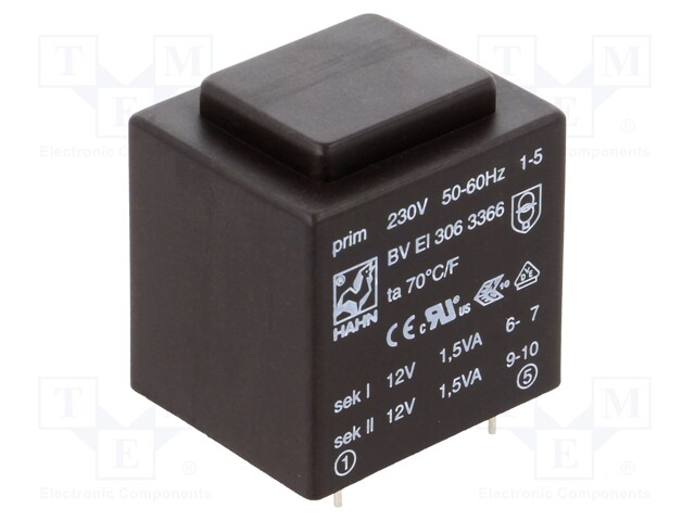 Transformer: encapsulated; 3VA; 230VAC; 12V; 12V; 125mA; 125mA; 135g