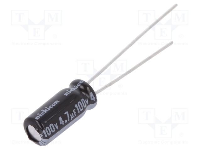 Capacitor: electrolytic; THT; 4.7uF; 100VDC; Ø5x11mm; Pitch: 2mm