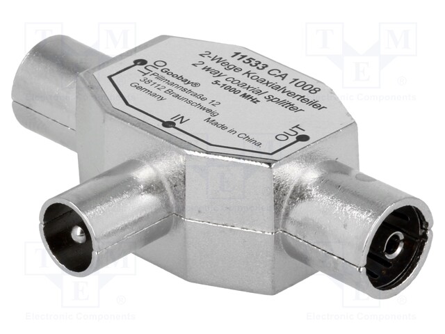 Splitter; coaxial 9.5mm plug,coaxial 9.5mm socket x2