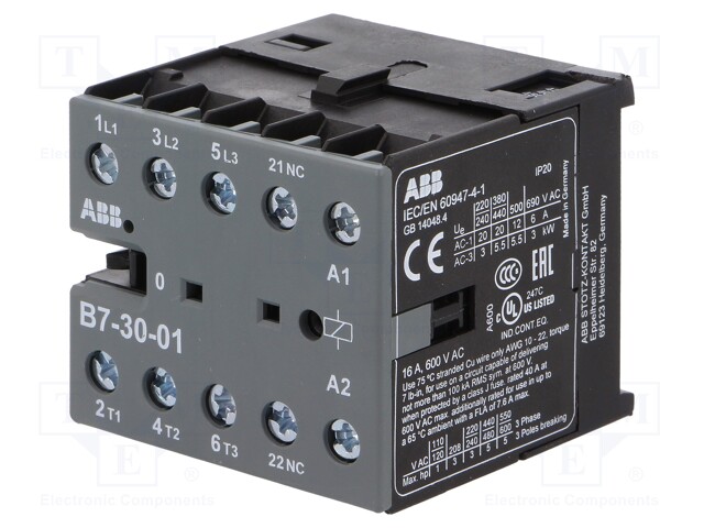 Contactor: 3-pole; NO x3; Auxiliary contacts: NC; 42VAC; 7A; B7