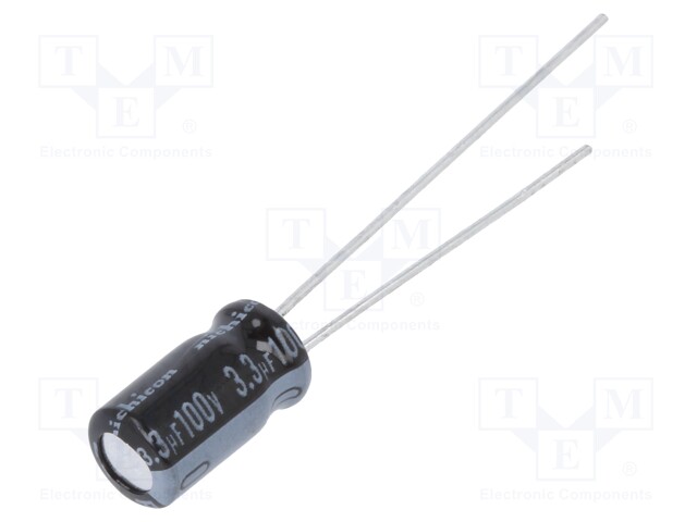 Capacitor: electrolytic; THT; 3.3uF; 100VDC; Ø5x9mm; Pitch: 2mm