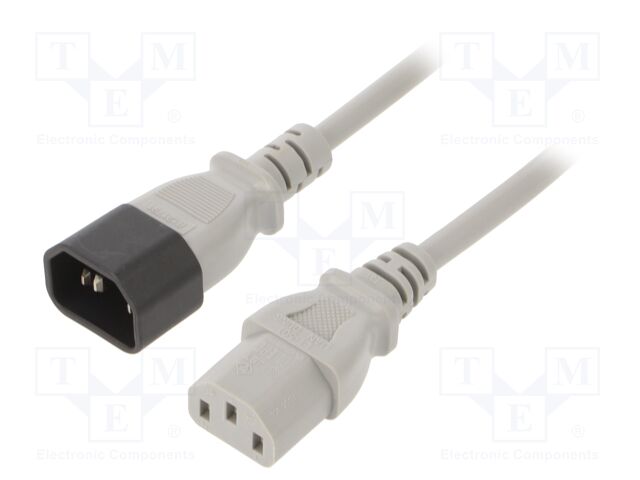 Cable; IEC C13 female,IEC C14 male; 1m; grey; PVC; 3x0,75mm2; 10A