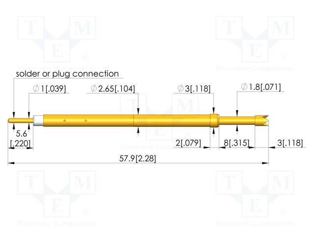 Test needle; Spring compression: 6.4mm; 8mm; 5A; CuBe; gold-plated