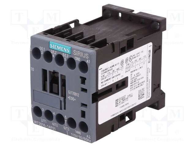 Contactor: 3-pole; NO x3; Auxiliary contacts: NO; 110VAC; 9A; 3RT20