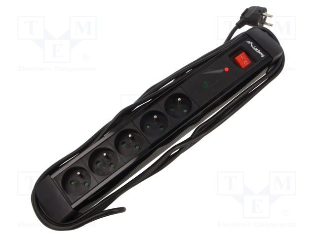 Plug socket strip: protective; Sockets: 5; 230VAC; 10A; black; 5m
