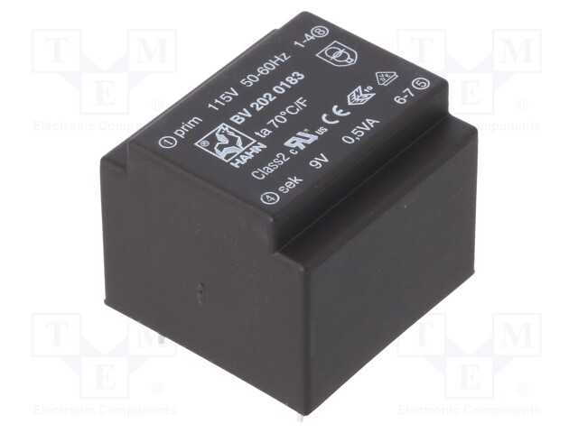 Transformer: encapsulated; 0.5VA; 115VAC; 9V; 56mA; Mounting: PCB