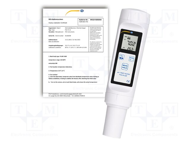 Meter: pH; LCD; -1÷15pH; 0÷60°C; Accur: ±1°C; Dim: Ø40x186mm