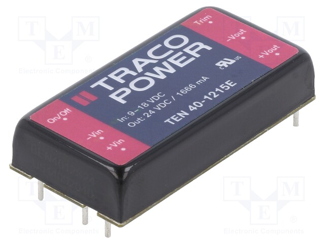 Converter: DC/DC; 40W; Uin: 9÷18V; 24VDC; Iout: 1666mA; 2"x1"; 34g