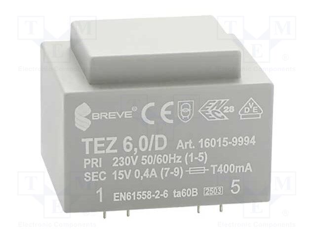 Transformer: encapsulated; 6VA; 230VAC; 15V; 400mA; Mounting: PCB