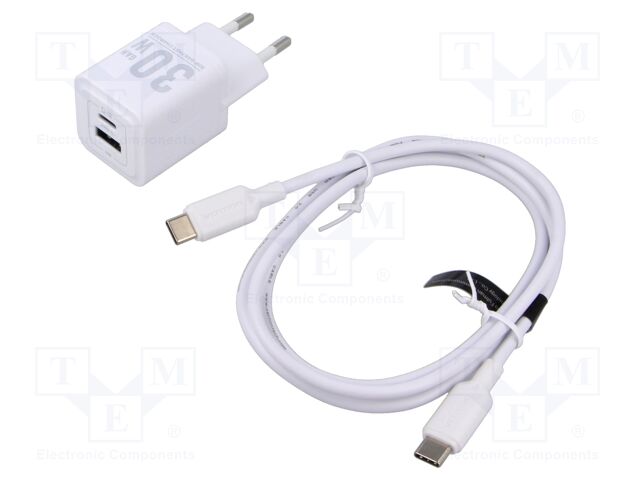 Power supply: switching; mains,plug-in; 5÷20VDC; 30W; white; 3A