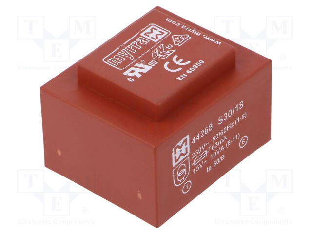 Transformer: encapsulated; 10VA; 230VAC; 15V; 667mA; Mounting: PCB