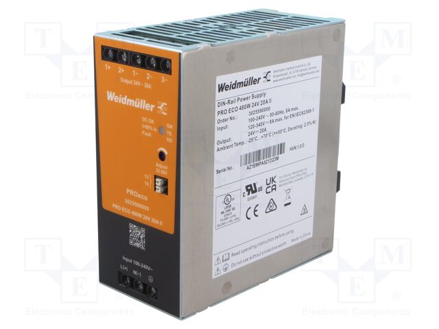 Power supply: switching; for DIN rail; 480W; 24VDC; OUT: 1; PRO ECO