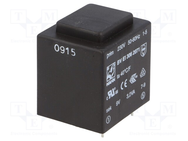 Transformer: encapsulated; 3.2VA; 230VAC; 9V; 356mA; Mounting: PCB