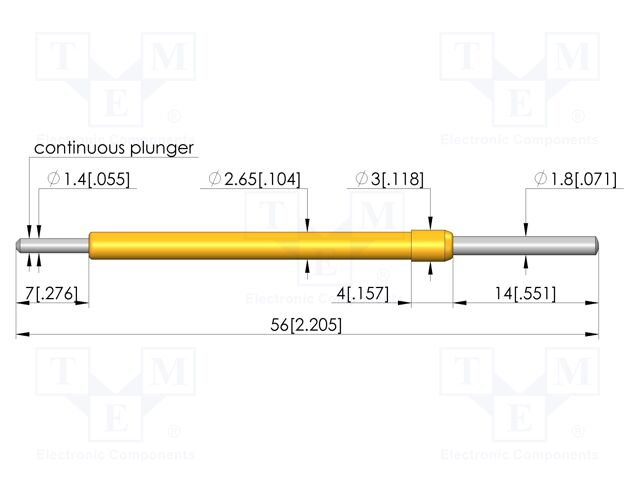 Test needle; Spring compression: 11.2mm; 14mm; 5A; CuBe; Ø: 1.8mm