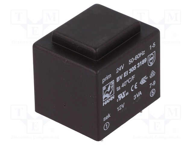 Transformer: encapsulated; 3VA; 24VAC; 12V; 250mA; Mounting: PCB