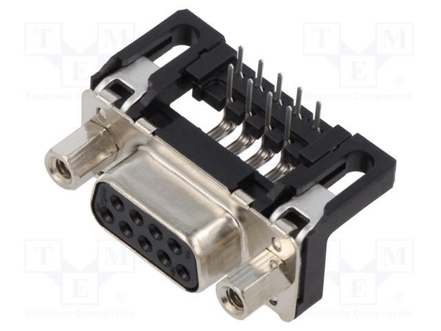 D Sub Connector, Right Angle, DB9, Standard, Receptacle, 9 Contacts, DE, Solder
