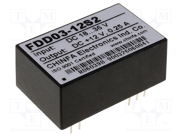Converter: DC/DC; 3W; Uin: 18÷36V; 12VDC; Iout: 250mA; 0.02ppm/°C