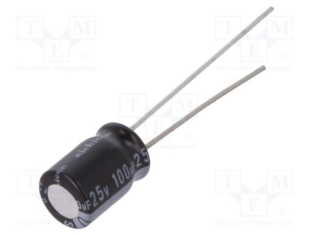 Capacitor: electrolytic; THT; 100uF; 25VDC; Ø6.3x9mm; Pitch: 2.5mm