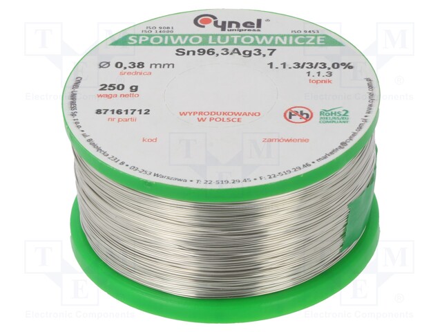 Soldering wire; Sn96,3Ag3,7; 0.38mm; 0.25kg; lead free; 2.5%
