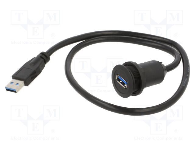 USB 3.0 A/A socket; Ø22.3mm; IP65; black; 5VDC; Pushbutton: round