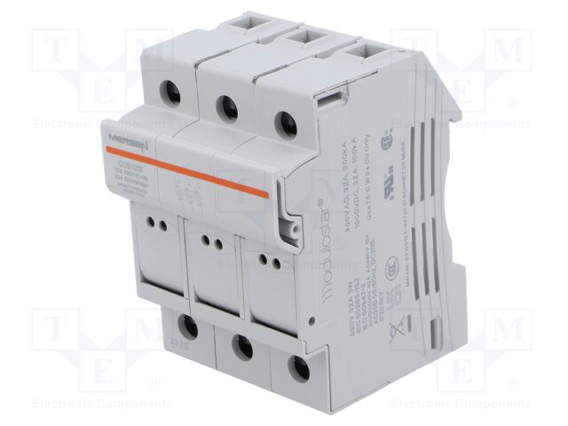 Fuse holder; 10x38mm; for DIN rail mounting; 32A; 800VAC; Poles: 3