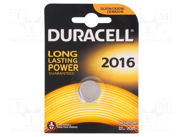 Battery: lithium; 3V; CR2016,coin; Batt.no: 1; Ø20x1.6mm; 80mAh