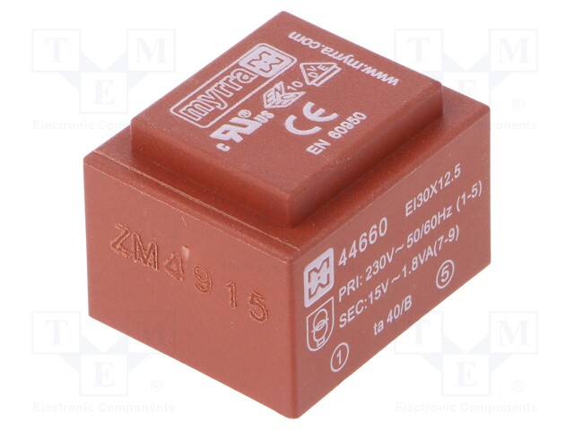 Transformer: encapsulated; 1.8VA; 230VAC; 15V; 120mA; Mounting: PCB