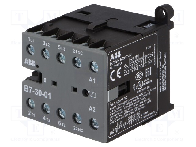 Contactor: 3-pole; NO x3; Auxiliary contacts: NC; 220÷240VAC; 7A