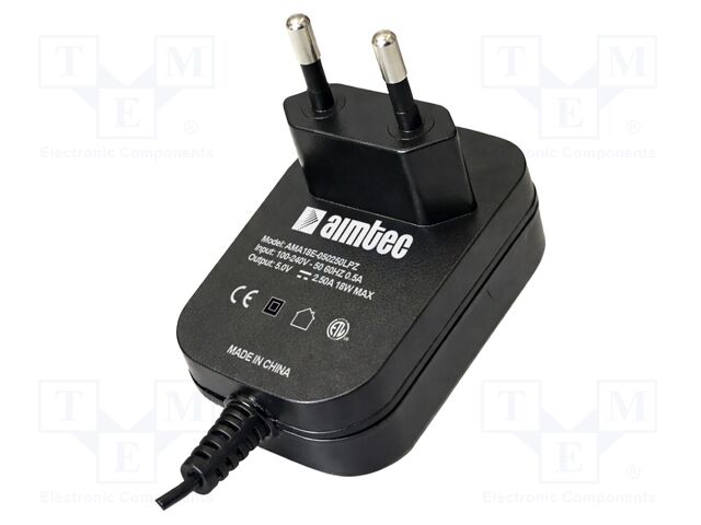 Power supply: switching; mains,plug-in; 5VDC; 3A; 18W; 79%; black