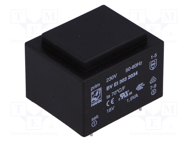 Transformer: encapsulated; 1.9VA; 230VAC; 18V; 105mA; Mounting: PCB
