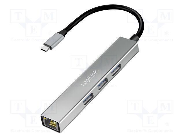 Hub USB; RJ45 socket,USB A socket,USB A x3,USB C plug; grey