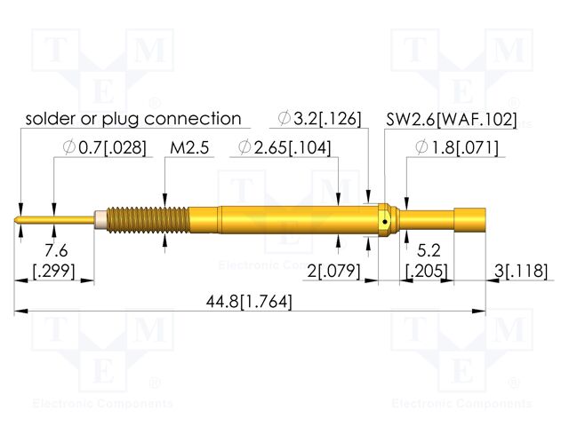 Test needle; Spring compression: 4mm; 5mm; 3A; CuBe; gold-plated