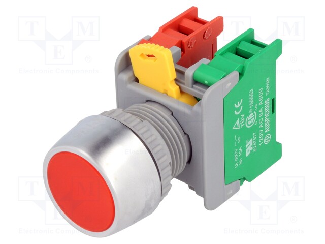 Switch: push-button; Stabl.pos: 1; NC + NO; 3A/230VAC; 22mm; red