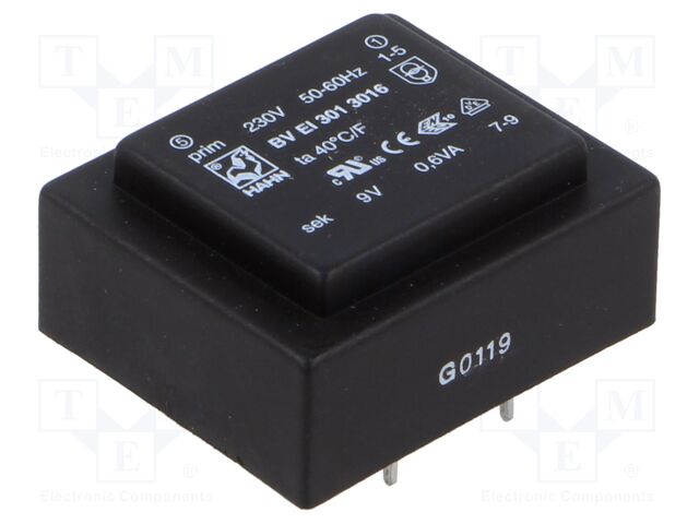 Transformer: encapsulated; 0.6VA; 230VAC; 9V; 67mA; Mounting: PCB