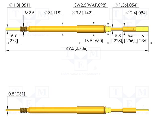 Test needle; Spring compression: 5mm; 5.5mm; 8A; steel; Ø: 2.5mm