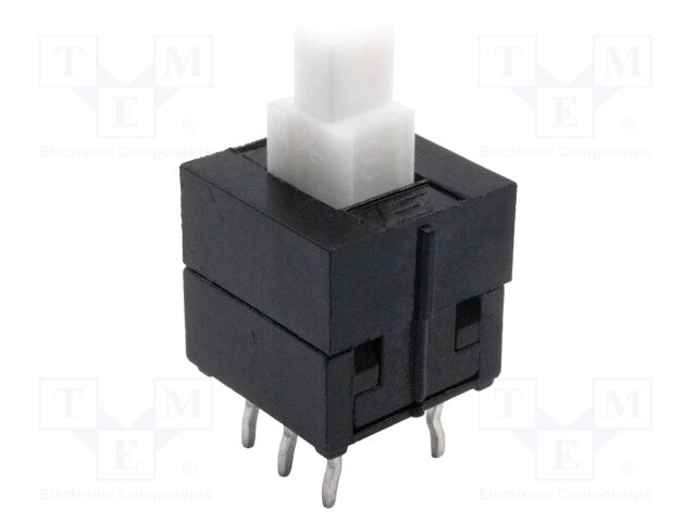 Switch: push-button; Pos: 2; DPDT; 0.1A/30VDC; Illumin: none; THT