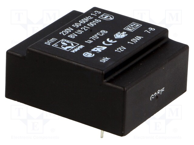 Transformer: encapsulated; 1VA; 230VAC; 12V; 83mA; Mounting: PCB