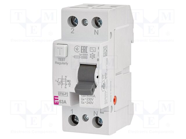 RCD breaker; Inom: 63A; Ires: 30mA; Poles: 2; 230V,240V; IP20; EFI