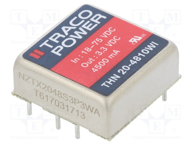 Converter: DC/DC; 20W; Uin: 18÷75V; 3.3VDC; Iout: 4500mA; 1"x1"; 15g