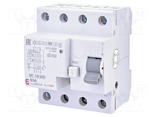 RCD breaker; Inom: 63A; Ires: 300mA; Poles: 4; 230V,400V; IP20; EFI