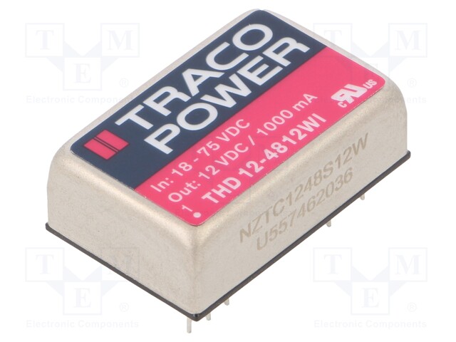 Converter: DC/DC; 12W; Uin: 18÷75V; 12VDC; Iout: 1000mA; DIP24; 18g