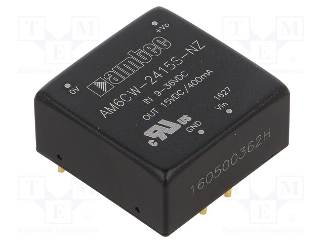Converter: DC/DC; 6W; Uin: 9÷36V; 15VDC; Iout: 400mA; 1"x1"; 14g