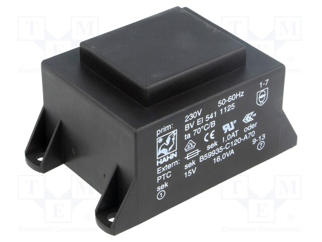 Transformer: encapsulated; 16VA; 230VAC; 15V; 1067mA; Mounting: PCB