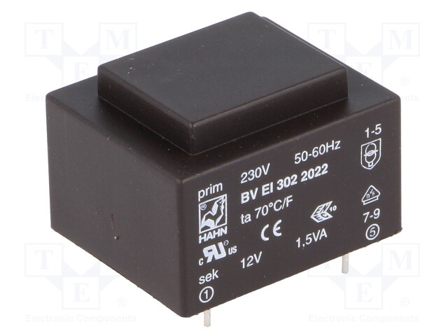 Transformer: encapsulated; 1.5VA; 230VAC; 12V; 125mA; Mounting: PCB