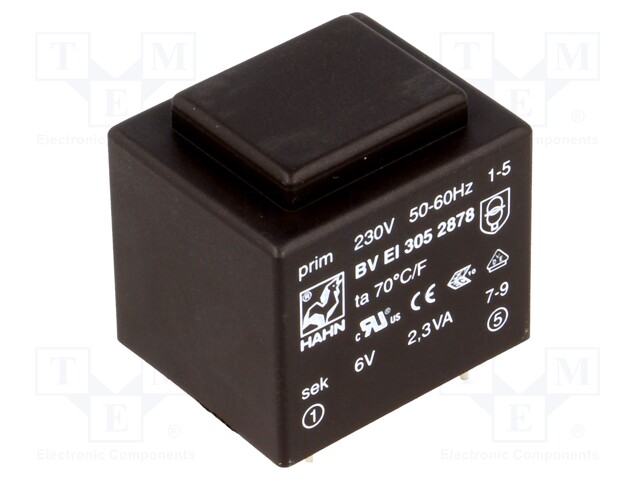 Transformer: encapsulated; 2.3VA; 230VAC; 6V; 383mA; Mounting: PCB